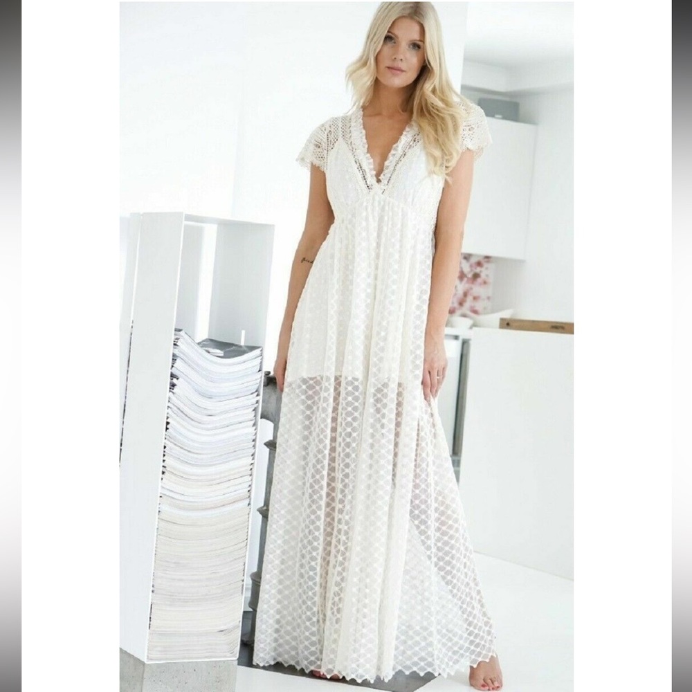 Free People White Plunge Neck Flutter Sleeve Jumpsuit